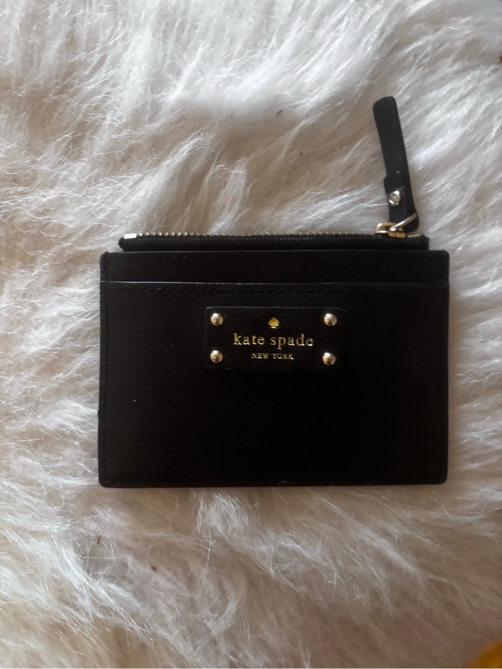 kate spade Black Leather Zip Card Holder with Logo Plate